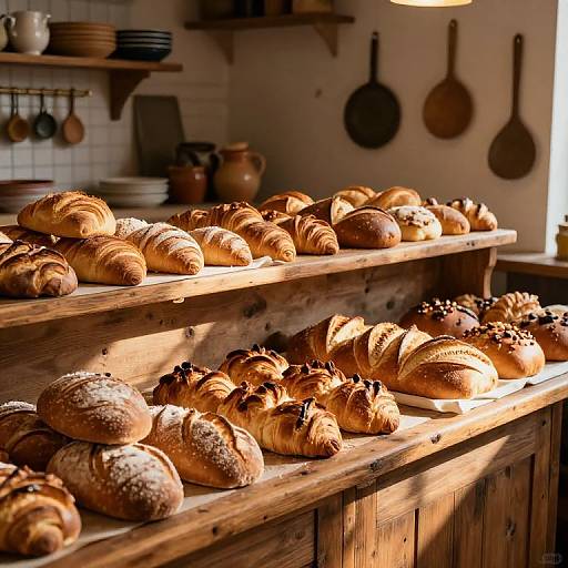 Photograph of a rustic bakery display with golden-brown, crusty pastries and bread on wooden shelves, sunlit, with hanging pots and pans