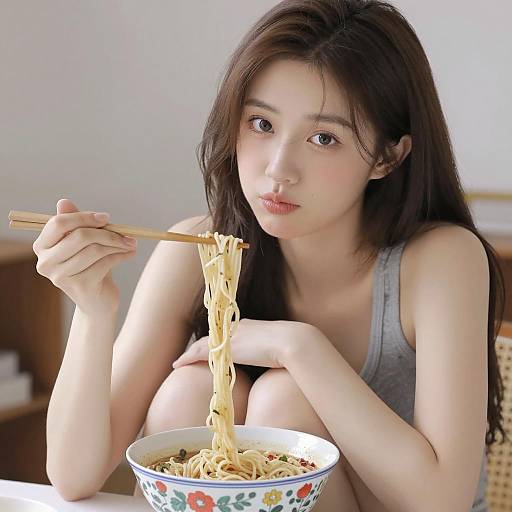 Serene Asian Woman Enjoying Noodles