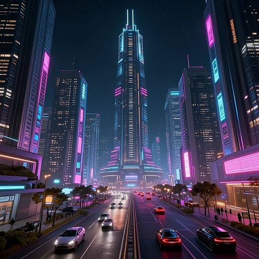 Neon-lit, futuristic cityscape photograph at night, featuring towering skyscrapers with vibrant pink, blue, and purple lights, busy streets with