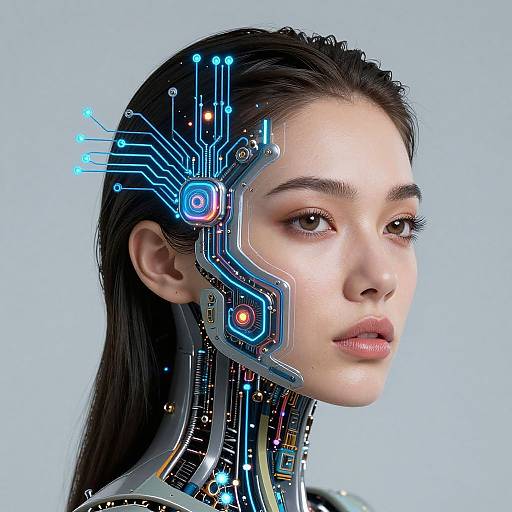 Digital art of a futuristic woman with cybernetic enhancements: glowing blue circuitry on her left temple and neck, pale skin, dark hair, serious