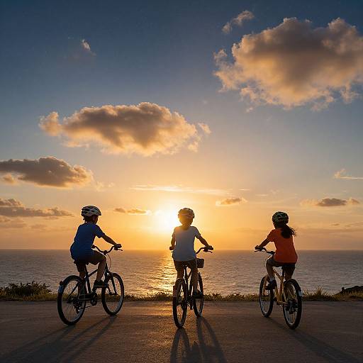 Photograph of three children in silhouette, riding bicycles at sunset by the ocean, wearing helmets, with colorful sky and scattered clouds.