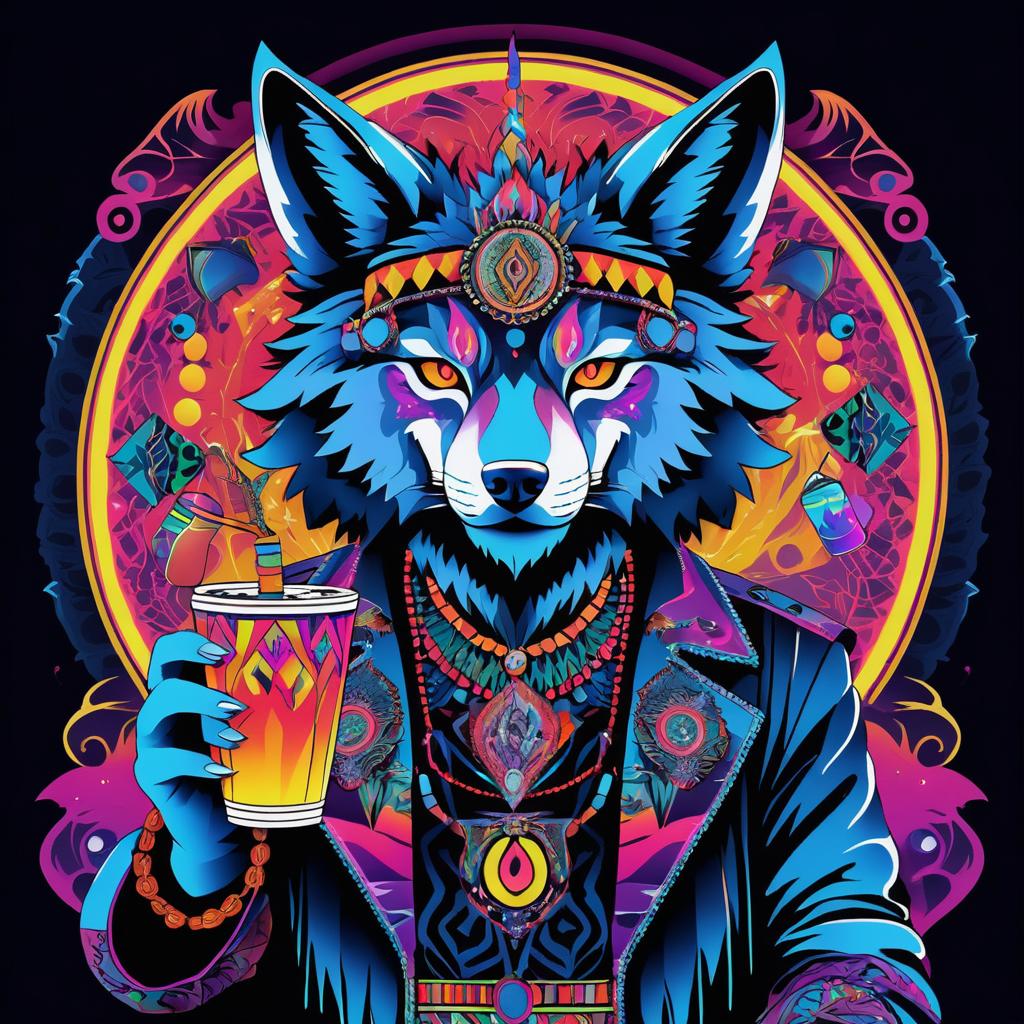 Psychedelic Anime Wolf with Drinks