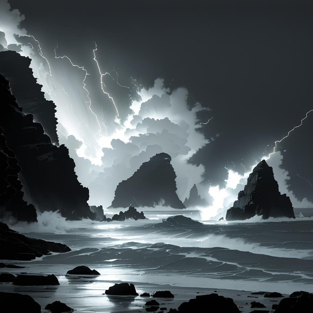 Misty Sea Stacks with Intense Lightning