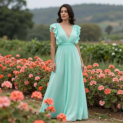 Graceful Woman Among Coral Geraniums