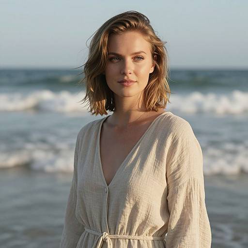 Photograph of a young Caucasian woman with shoulder-length brown hair, wearing a beige, V-neck, long-sleeve dress, standing on a beach