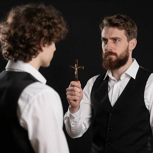 Intense Portrait of Two Men with Cross