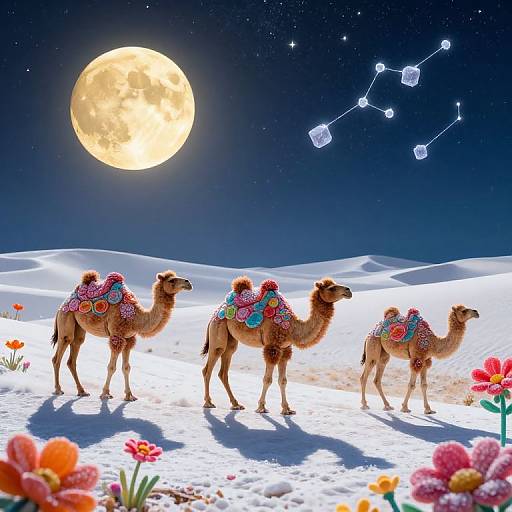 Photograph of four decorated camels standing in snowy desert, under bright full moon, with starry night sky and constellation. Vibrant floral sacks,