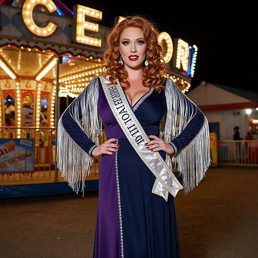 Photograph of a confident, red-haired woman in a dark blue fringe dress with a 