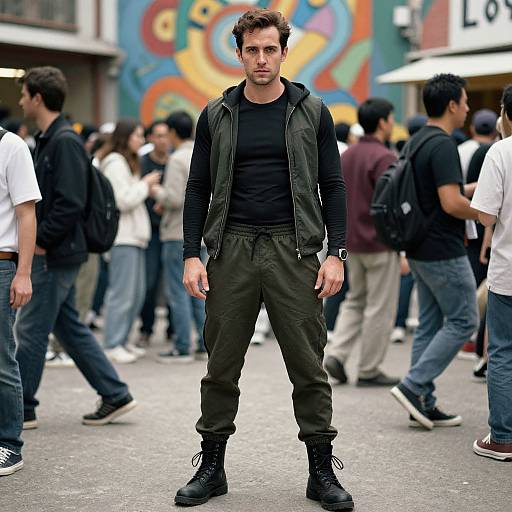 Photograph of a serious, handsome man with short brown hair, wearing a black shirt, green vest, and pants, standing in a busy urban street