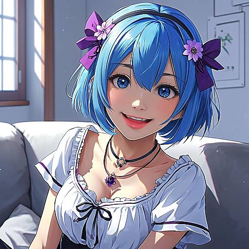 Digital anime-style portrait of a smiling girl with blue hair, purple hair bows, blue eyes, wearing a white blouse, black ribbon, and purple necklace