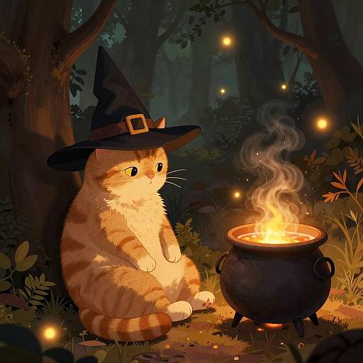 Cozy Halloween Cat Witch Illustration
