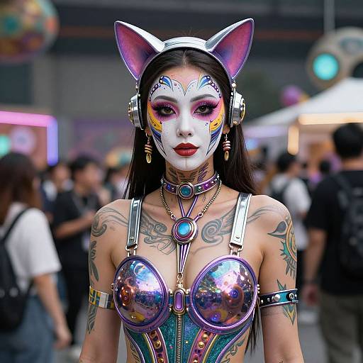 Photograph of a tattooed woman in a crowded city, wearing a white cat mask with pink ears, metallic bra, and colorful face paint, with