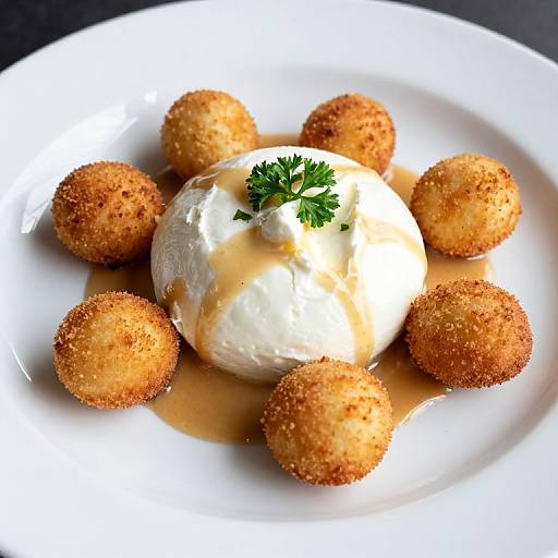 Photograph of a white plate with a round dollop of creamy white sauce, garnished with parsley, surrounded by six golden-brown breaded balls