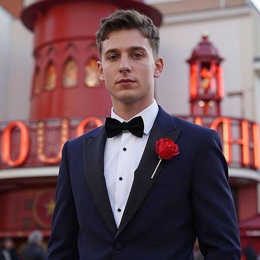 Photograph of a handsome young man with short brown hair, wearing a black tuxedo with a red rose boutonniere, in front of