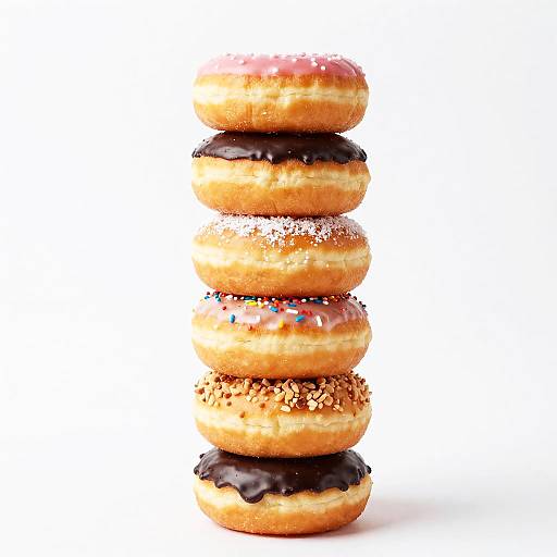 Photograph of six stacked donuts: pink frosting, chocolate glaze, sprinkles, powdered sugar, rainbow sprinkles, and chopped nuts, against