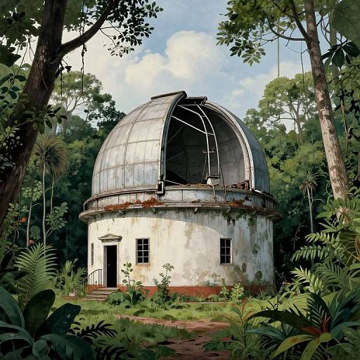 Photograph of a weathered, white-domed observatory, surrounded by dense, lush greenery and tall trees, under a bright blue sky with