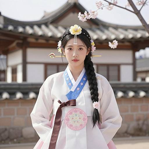 Young woman in traditional Korean hanbok with floral headpiece