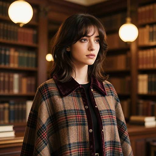 Woman with Face-Framing Layers in Historic Library