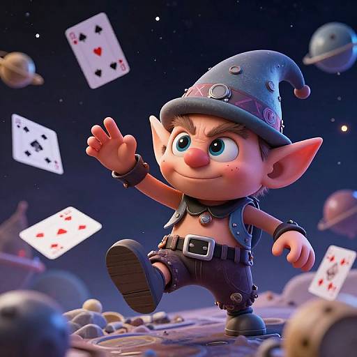 Cartoon Goblin Throwing Cards in Space