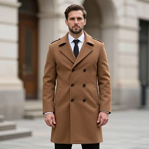 Photograph of a handsome, bearded man with short dark hair, wearing a brown double-breasted coat, white shirt, and black tie, standing