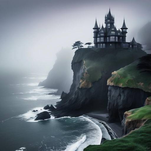 Dark Fairy Castle on Foggy Coastal Cliff