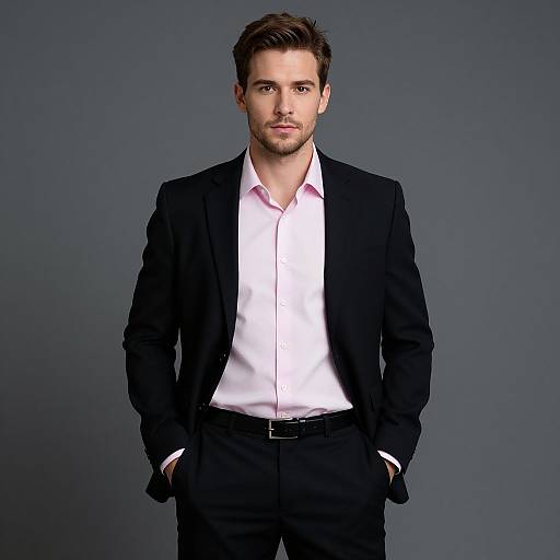 Photograph of a handsome, clean-shaven man with short brown hair, wearing a black suit, white shirt, and black pants, standing against a