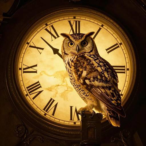 Owl on Clock in Golden Glow