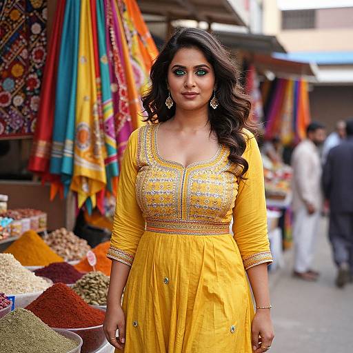 Photograph of a beautiful Indian woman with long dark hair, wearing a yellow traditional outfit with intricate embroidery, standing in a vibrant market with colorful textiles and