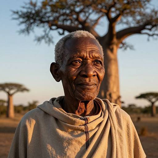 Photograph of elderly African man with deep wrinkles, short gray hair, wearing beige hooded cloak, standing in front of large acacia tree at sunset