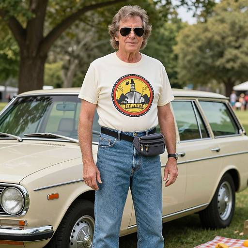 Photograph of an older man with gray hair, wearing sunglasses, white t-shirt with yellow emblem, blue jeans, and black belt pouch, standing in