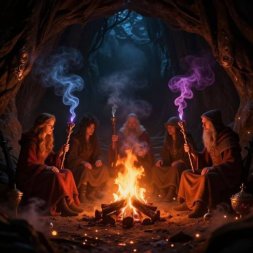 Photograph of five hooded figures sitting around a campfire in a dark cave, each holding a torch with blue and purple flames.