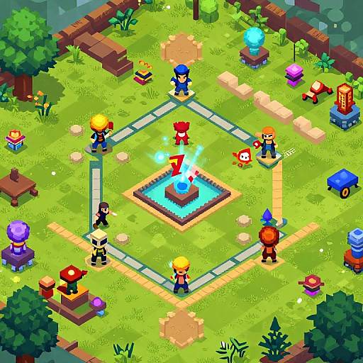 Pixel art of a vibrant, top-down RPG battle arena with colorful characters, glowing blue water pool, and various magical objects around.