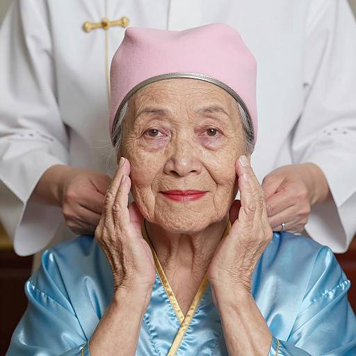 Elderly Woman in Pink Hat with Face Massage