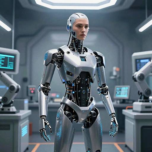 Photorealistic CGI of a silver and black female humanoid robot with glowing blue accents, standing in a futuristic lab with illuminated equipment.