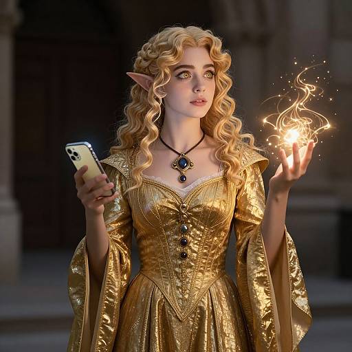Digital illustration of a blonde, elven woman with pointed ears, wearing a golden, medieval-style dress, holding a glowing fireball in one hand and