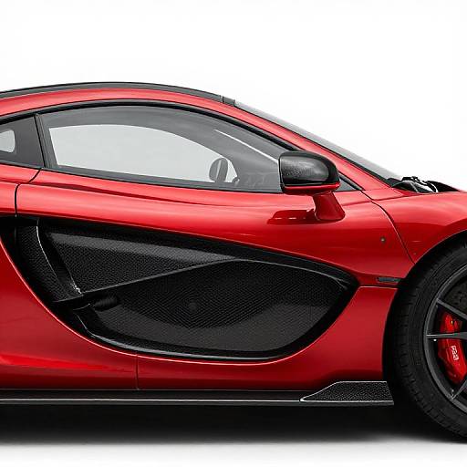 Close-up photograph of a sleek, red sports car with black accents, large side vent, and red brake caliper, against a white background.