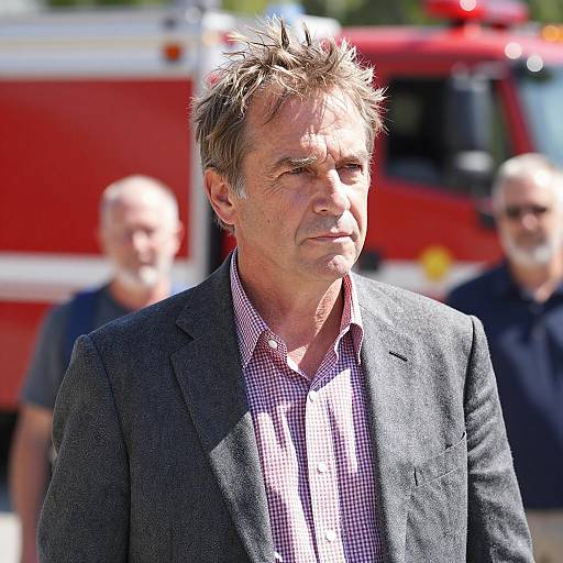Middle-aged Man in Gray Blazer with Fire Truck Background
