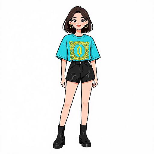 Digital drawing of a smiling woman with short black hair, wearing a blue T-shirt with a yellow pattern, black shorts, and black ankle boots. White