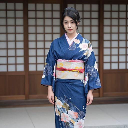 Photograph of a young Japanese woman with black hair in a navy blue floral kimono, white inner robe, and orange-yellow obi, standing in