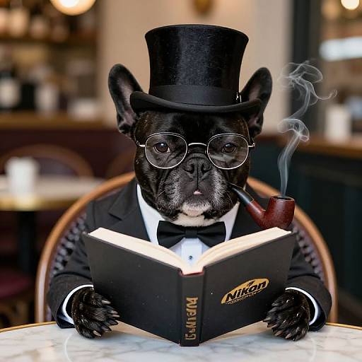 Photograph of a black French Bulldog in a top hat, glasses, bow tie, tuxedo, smoking a pipe while reading 