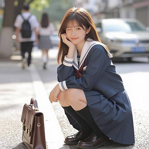 Asian Student in Blue School Uniform Winking on Street