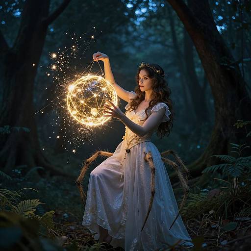 Photograph of a fair-skinned woman with long curly brown hair, wearing a white, flowing gown, creating a glowing magical circle in a dark,