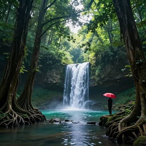 Photograph of a lone person with a red umbrella standing by a cascading waterfall in a dense, green forest, surrounded by large tree roots and lush