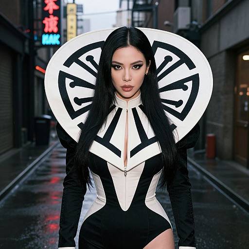 Photograph of an Asian woman with long black hair, wearing a black and white superhero-inspired outfit with a large circular emblem, standing on a wet urban