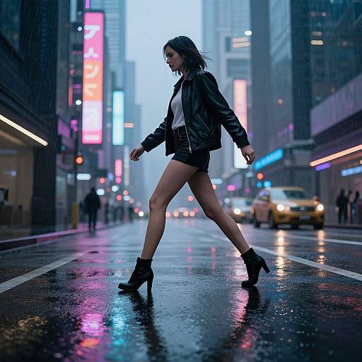 Photograph of a woman in a black leather jacket, white shirt, black shorts, and high-heeled boots, walking confidently in a rainy, neon
