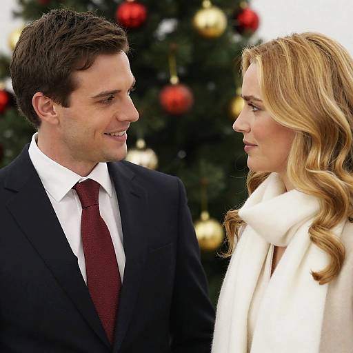 Photograph of a smiling couple in formal attire, standing in front of a Christmas tree with red and gold ornaments. She has blonde curls and wears a