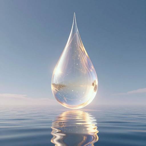 Photograph of a clear, glowing water droplet with a reflective surface, floating on a calm, blue water surface against a gradient sky.