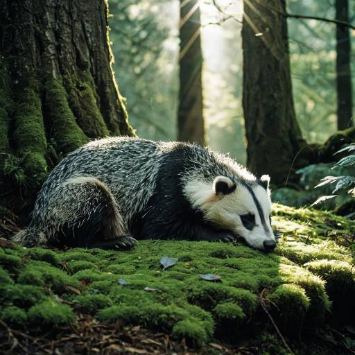 Badger Resting on Moss in Forest