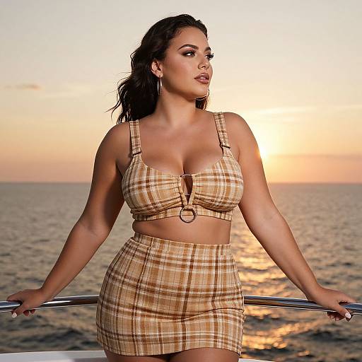 Photograph of a curvy woman with olive skin, dark wavy hair, wearing a plaid crop top and skirt, standing on a boat at