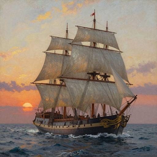 Photorealistic painting of a majestic, three-masted sailing ship with billowing white sails, navigating through ocean waves at sunset.